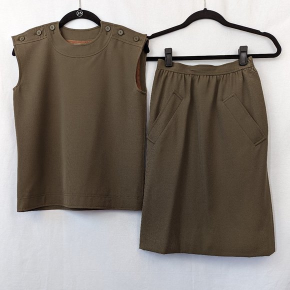 Vintage Saint Laurent Olive Green Blouse Pencil Skirt Set - Picture 1 of 12